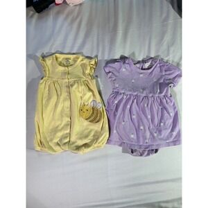 Carters Baby Girl 12M Romper Dress Set Yellow Bee Purple Daisy Floral Lot of 2